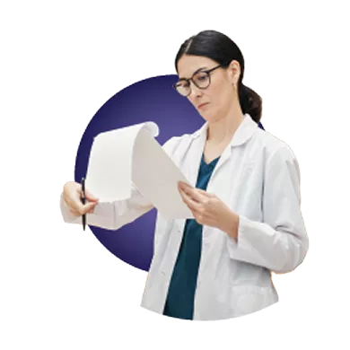 A woman in a white lab coat and glasses reviews documents she is holding, standing in front of a purple circular background.