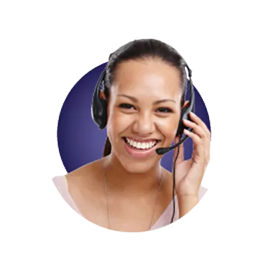 A young woman wearing a headset smiles brightly while holding the microphone close to her mouth, against a purple background, suggesting a customer service role.