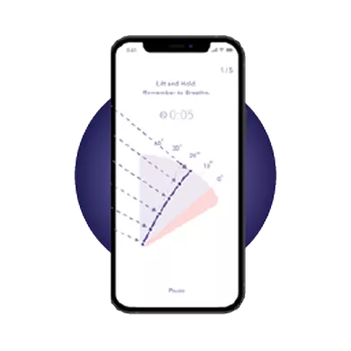 A smartphone displaying a fitness or physical therapy app. The screen shows angle measurements (45°, 30°, 20°, 15°, 0°) with text reading **"Lift and Hold, Remember to Breathe"** and a timer showing **"0:05"**, with a **"Pause"** button.