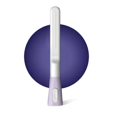 A white and lavender pregnancy test stands upright against a dark purple circular background. One visible line appears in the result window.