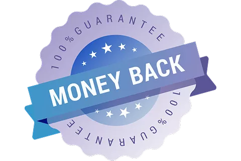 A circular badge/seal with a scalloped edge in light purple, featuring a blue ribbon banner across the center. Text reads: **"MONEY BACK"** on the banner and **"100% GUARANTEE"** curved along the top and bottom edges, with decorative stars.