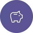 A white piggy bank icon centered on a round, muted purple/indigo background circle.