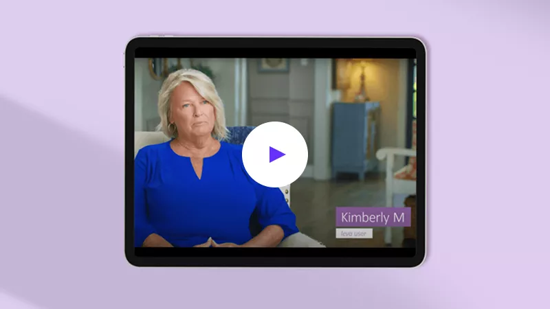 A woman named **"Kimberly M, Jevra user..."** sits in a home interior, wearing a blue top. A paused video thumbnail is displayed on a tablet screen.